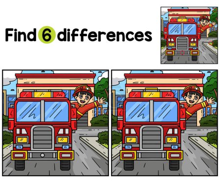 Illustration for Find or spot the differences on this Firefighter Waving from Fire Truck Kids activity page. It is a funny and educational puzzle-matching game for children. - Royalty Free Image