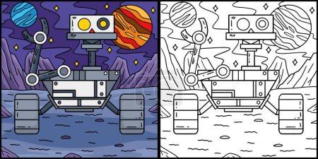 Diese Malseite zeigt einen Rover Robot. Eine Seite dieser Illustration ist farbig und dient Kindern als Inspiration.