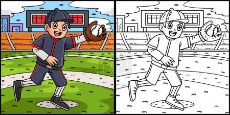 Diese Malseite zeigt einen Jungen, der Baseball fängt. Eine Seite dieser Illustration ist farbig und dient Kindern als Inspiration. 