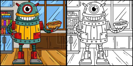 This coloring page shows a One-Eyed Robot with Hotdog. One side of this illustration is colored and serves as an inspiration for children.