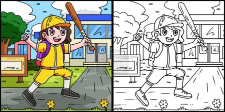 Cette page à colorier montre une fille avec un sac d'école et une batte de baseball. Un côté de cette illustration est coloré et sert d'inspiration pour les enfants. 