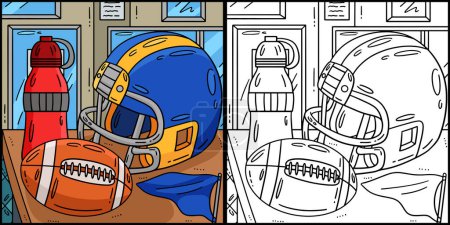 Ilustración de Esta página para colorear muestra un casco de fútbol americano. Un lado de esta ilustración es de color y sirve como inspiración para los niños. - Imagen libre de derechos
