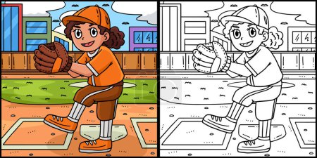 Diese Malseite zeigt ein Mädchen, das Baseball spielt. Eine Seite dieser Illustration ist farbig und dient Kindern als Inspiration. 