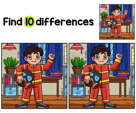 Illustration for Find or spot the differences on this Firefighter Holding Gas Mask kids activity page. It is a funny and educational puzzle-matching game for children. - Royalty Free Image