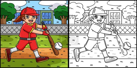 Diese Malseite zeigt ein Mädchen, das Baseball schlägt. Eine Seite dieser Illustration ist farbig und dient Kindern als Inspiration. 