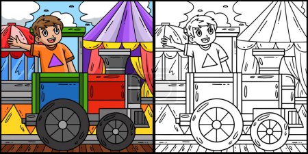 Illustration for This coloring page shows a Circus Child in a Train. One side of this illustration is colored and serves as an inspiration for children. - Royalty Free Image