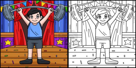 Illustration for This coloring page shows a Circus Man with Barbell. One side of this illustration is colored and serves as an inspiration for children. - Royalty Free Image