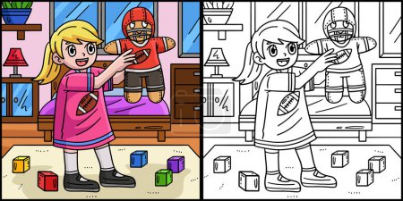 Ilustración de Esta página para colorear muestra una chica de fútbol americano con Quarterback Plushie. Un lado de esta ilustración es de color y sirve como inspiración para los niños. - Imagen libre de derechos