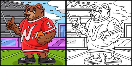 Ilustración de Esta página para colorear muestra una mascota de oso de fútbol americano. Un lado de esta ilustración es de color y sirve como inspiración para los niños. - Imagen libre de derechos