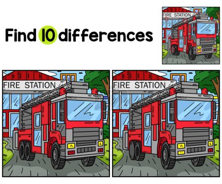 Illustration for Find or spot the differences on this Firefighter Truck Kids activity page. It is a funny and educational puzzle-matching game for children. - Royalty Free Image