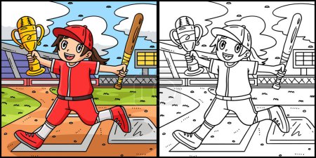 Cette page à colorier montre une fille tenant une batte de baseball et un trophée. Un côté de cette illustration est coloré et sert d'inspiration pour les enfants. 