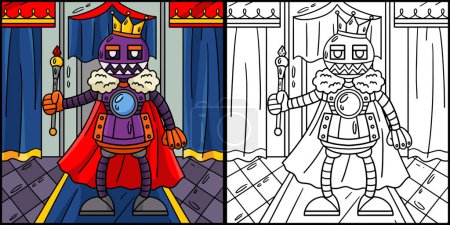 Diese Malseite zeigt einen Roboter mit Krone und Zepter. Eine Seite dieser Illustration ist farbig und dient Kindern als Inspiration.