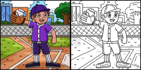 Diese Malseite zeigt einen Jungen, der Baseball aufzieht. Eine Seite dieser Illustration ist farbig und dient Kindern als Inspiration. 