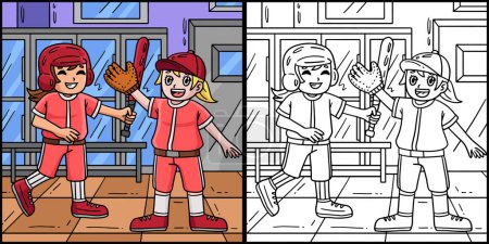 Diese Malseite zeigt eine Baseball Girl Teamkollegin. Eine Seite dieser Illustration ist farbig und dient Kindern als Inspiration. 
