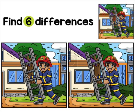 Illustration for Find or spot the differences on this Firefighter with a Ladder kids activity page. It is a funny and educational puzzle-matching game for children. - Royalty Free Image