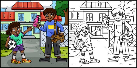 Esta página para colorear muestra una chica de fútbol con un padre. Un lado de esta ilustración es de color y sirve como inspiración para los niños.