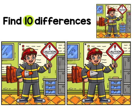 Finden oder finden Sie die Unterschiede auf dieser Feuerwehrmann mit einem Sicherheitszeichen Kinder Aktivitätsseite. Es ist ein lustiges und lehrreiches Puzzlespiel für Kinder. 