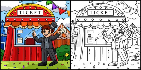 Illustration for This coloring page shows a Circus Seller and Ticket Booth. One side of this illustration is colored and serves as an inspiration for children. - Royalty Free Image