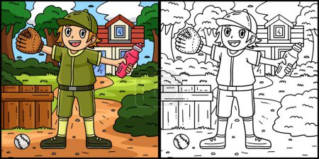 Cette page à colorier montre une fille de baseball avec une bouteille d'eau. Un côté de cette illustration est coloré et sert d'inspiration pour les enfants. 