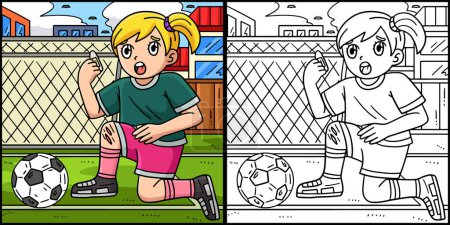 This coloring page shows a Girl with a Soccer Ball and an Injured Knee. One side of this illustration is colored and serves as an inspiration for children.