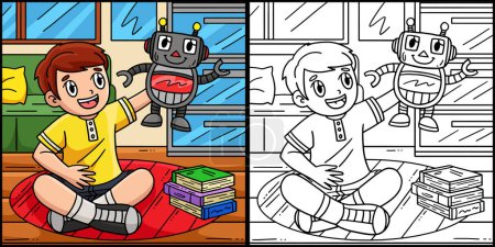 This coloring page shows a Boy Playing a Robot Toy. One side of this illustration is colored and serves as an inspiration for children.
