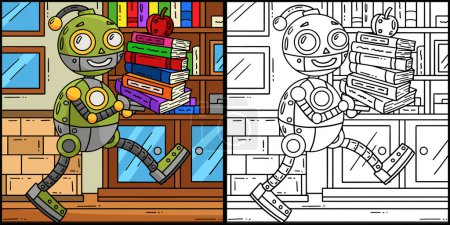 This coloring page shows a Robot Carrying Books. One side of this illustration is colored and serves as an inspiration for children.