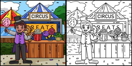 Illustration for This coloring page shows a Circus Vendor. One side of this illustration is colored and serves as an inspiration for children. - Royalty Free Image