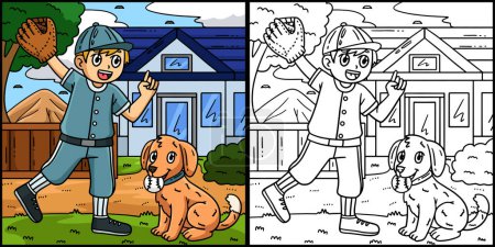 Diese Malseite zeigt einen Jungen und einen Hund beim Baseball spielen. Eine Seite dieser Illustration ist farbig und dient Kindern als Inspiration. 