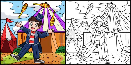 Illustration for This coloring page shows a Circus Man Juggling Pins. One side of this illustration is colored and serves as an inspiration for children. - Royalty Free Image