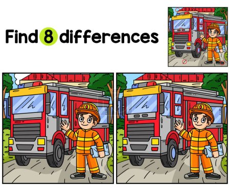 Illustration for Find or spot the differences on this Firefighter and Fire Truck kids activity page. It is a funny and educational puzzle-matching game for children. - Royalty Free Image