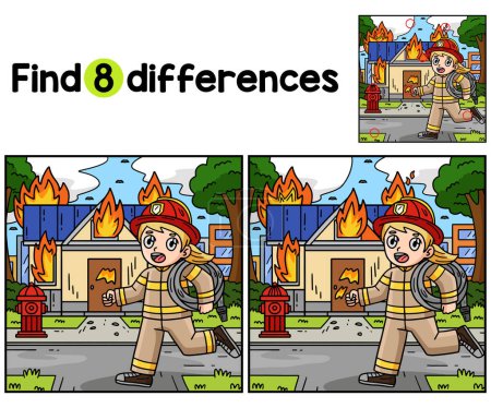 Ilustración de Encuentra o detecta las diferencias entre este bombero y una página de actividades para niños de Building on Fire. Es un divertido y educativo juego de puzzle a juego para los niños. - Imagen libre de derechos