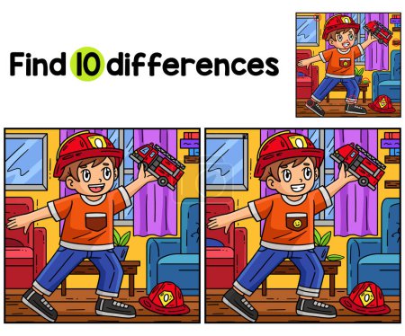 Illustration for Find or spot the differences on this Child with Firefighter Truck Toy kids activity page. It is a funny and educational puzzle-matching game for children. - Royalty Free Image