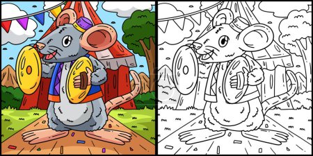 Illustration for This coloring page shows a Circus Mouse. One side of this illustration is colored and serves as an inspiration for children. - Royalty Free Image