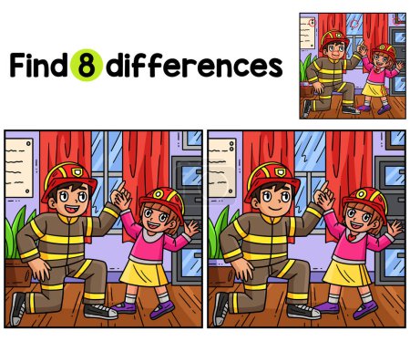 Ilustración de Encuentra o detecta las diferencias en esta página de actividades de bomberos e hijos. Es un divertido y educativo juego de puzzle a juego para los niños. - Imagen libre de derechos