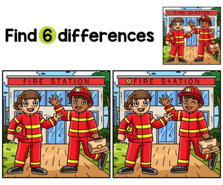 Ilustración de Encuentra o detecta las diferencias en esta página de actividad de Firefighter Friend Kids. Es un divertido y educativo juego de puzzle a juego para los niños. - Imagen libre de derechos