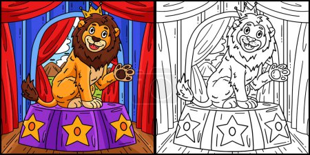 Illustration for This coloring page shows a Lion on the Circus Podium. One side of this illustration is colored and serves as an inspiration for children. - Royalty Free Image