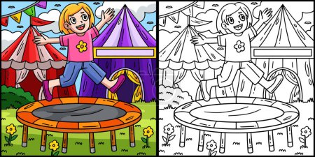 This coloring page shows a Circus Child and a Trampoline. One side of this illustration is colored and serves as an inspiration for children. 