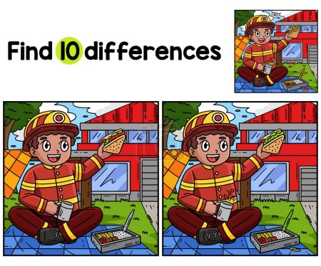 Ilustración de Encuentra o detecta las diferencias en esta página de actividades para niños de Firefighter Eating Lunch. Es un divertido y educativo juego de puzzle a juego para los niños. - Imagen libre de derechos