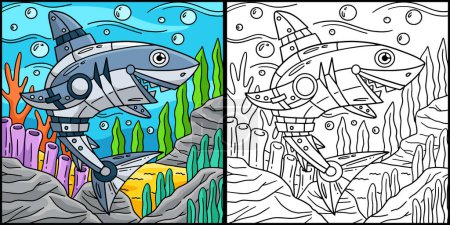 Diese Malseite zeigt einen Roboterhai. Eine Seite dieser Illustration ist farbig und dient Kindern als Inspiration.