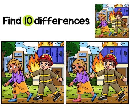 Illustration for Find or spot the differences on this Firefighter Escorting a Survivor Kids activity page. It is a funny and educational puzzle-matching game for children. - Royalty Free Image