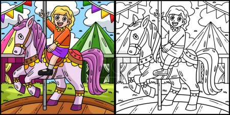Illustration for This coloring page shows a Circus Child on a Horse. One side of this illustration is colored and serves as an inspiration for children. - Royalty Free Image