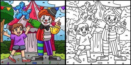 This coloring page shows a Circus Child and a Clown. One side of this illustration is colored and serves as an inspiration for children. 