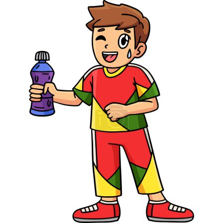 Este clipart de dibujos animados muestra a un niño animador con una ilustración de botella de agua.