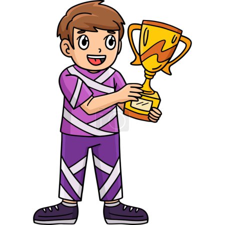 Illustration for This cartoon clipart shows a Cheerleading Cheerleader Boy with a Trophy illustration. - Royalty Free Image