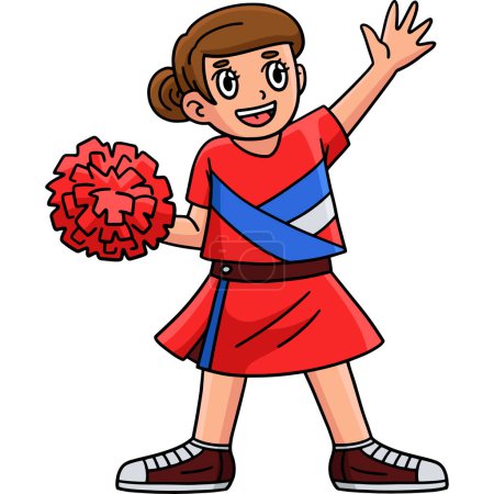 Illustration for This cartoon clipart shows a Cheerleader Girl Waving with Pompoms illustration. - Royalty Free Image