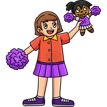 Illustration for This cartoon clipart shows a Cheerleader Girl with a Doll and Pompoms illustration. - Royalty Free Image