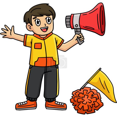 Dieser Cartoonausschnitt zeigt einen Cheerleading-Choreografen mit Megafon und Pompons-Illustration.