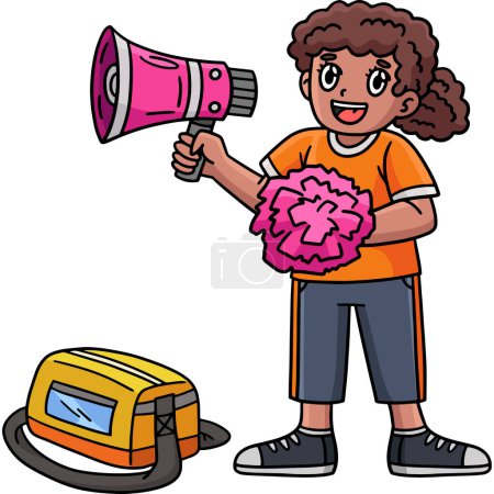 Ce clipart de dessin animé montre une chorégraphe féminine de pom-pom girl avec une illustration de mégaphone et sac de sport.