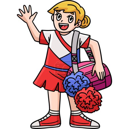Illustration for This cartoon clipart shows a Cheerleading Girl with a Sports Bag and a Pompoms illustration. - Royalty Free Image