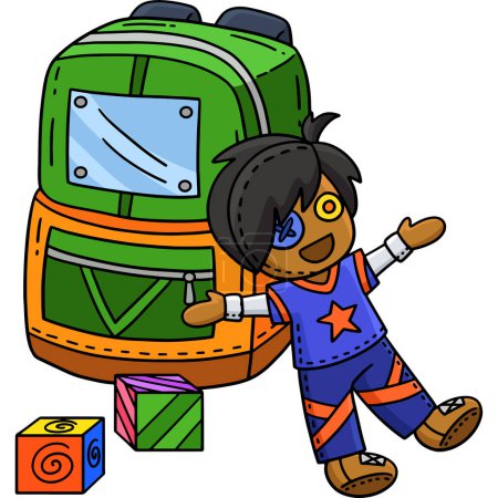 Dieser Cartoon-Clip zeigt einen Rucksack und eine Plüschtier-Illustration.